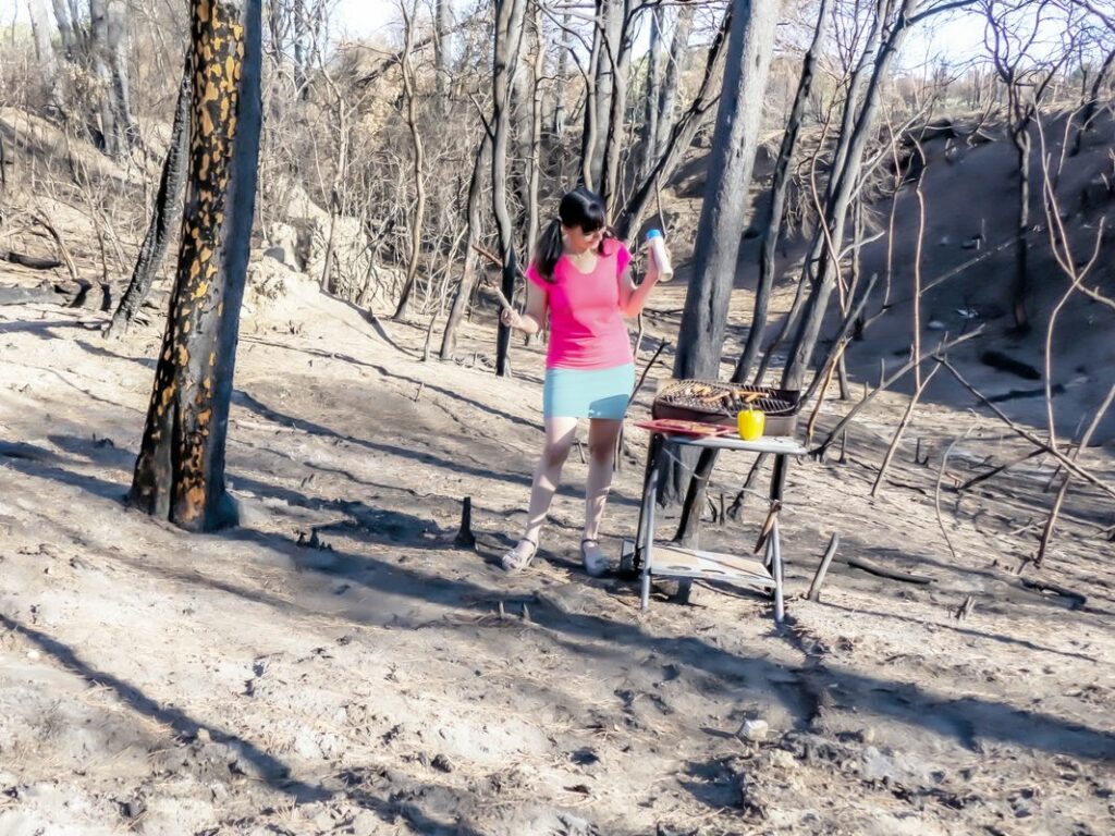 EXPOSITION ADIOS BUY BUY - Femme faisant un barbecue dans une forêt brulée