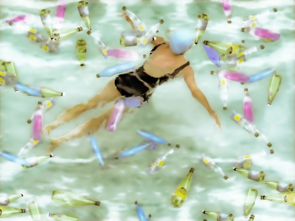 EXPOSITION ADIOS BUY BUY - une personne nageant dans une piscine remplie de bouteille en plastique