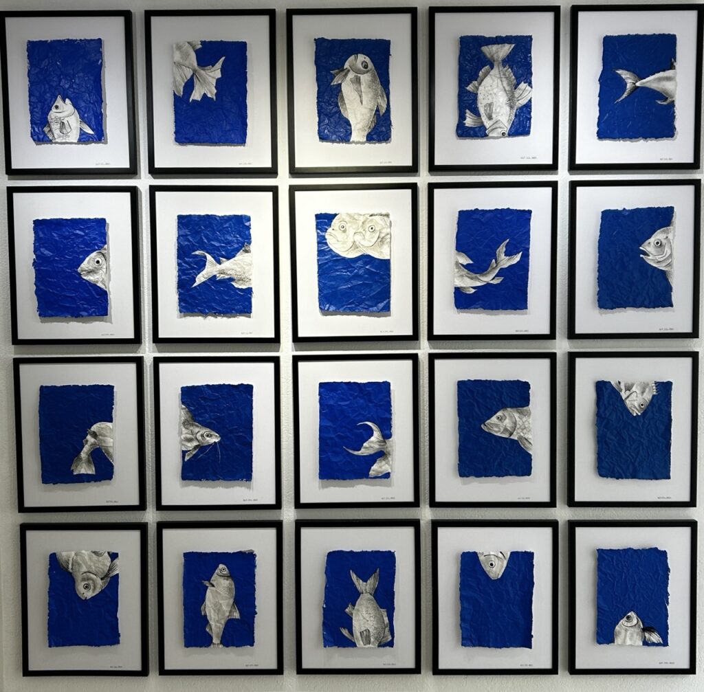 Plusieurs dessins sur un mur de poisson coupé sur une fond bleu