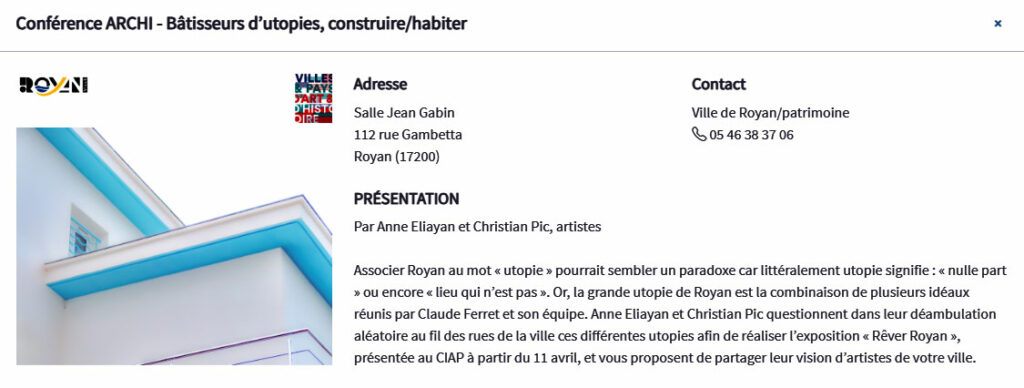 sur le site des conférences de la Salle Jean Gabin à Royan