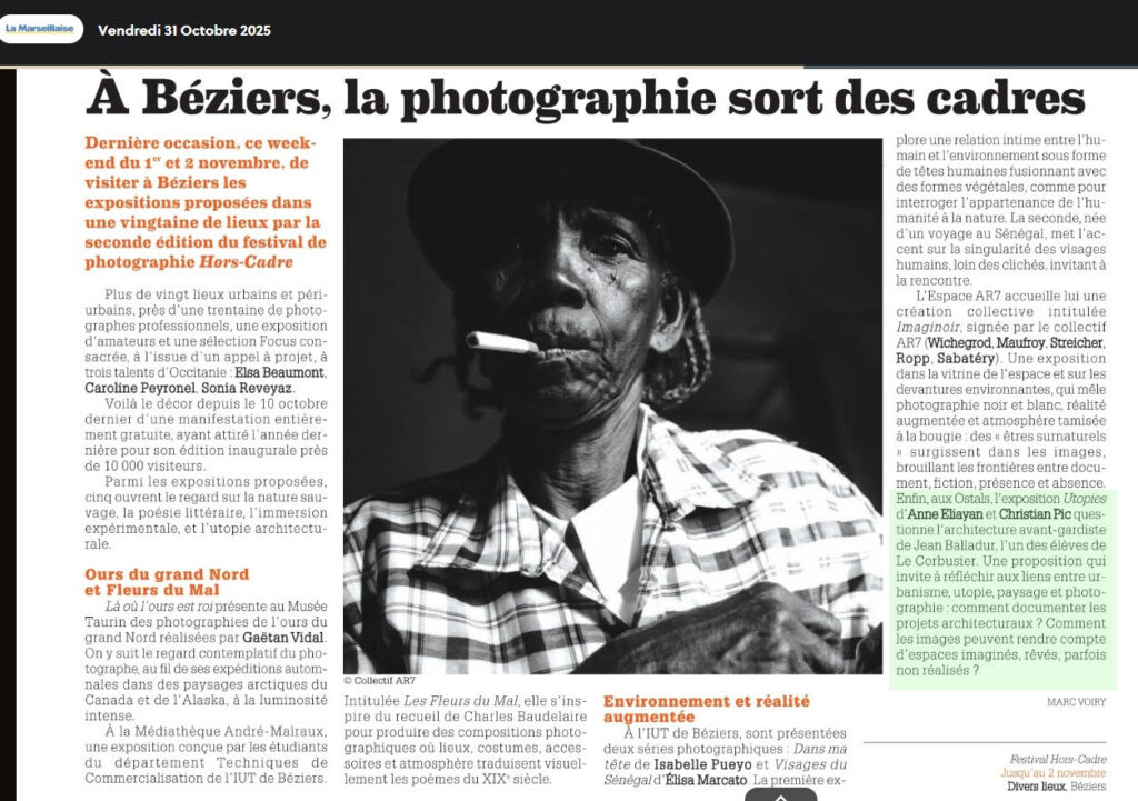 Article Zebuline du 30 octobre 2025 sur le Festival Hors Cadre de Béziers qui cite l'exposition UTOPIES d'Anne Eliayan et Christian Pic