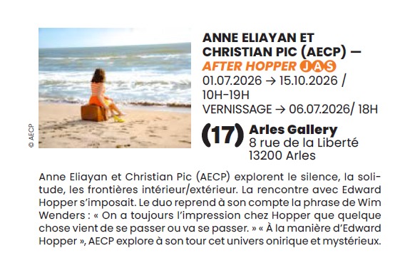 Numéro 17 du Catalogue du OFF des Rencontres de la photographie à ARLES 2026, exposition AFTER HOPPER d'AECP - ANNE ELIAYAN CHRISTIAN PIC